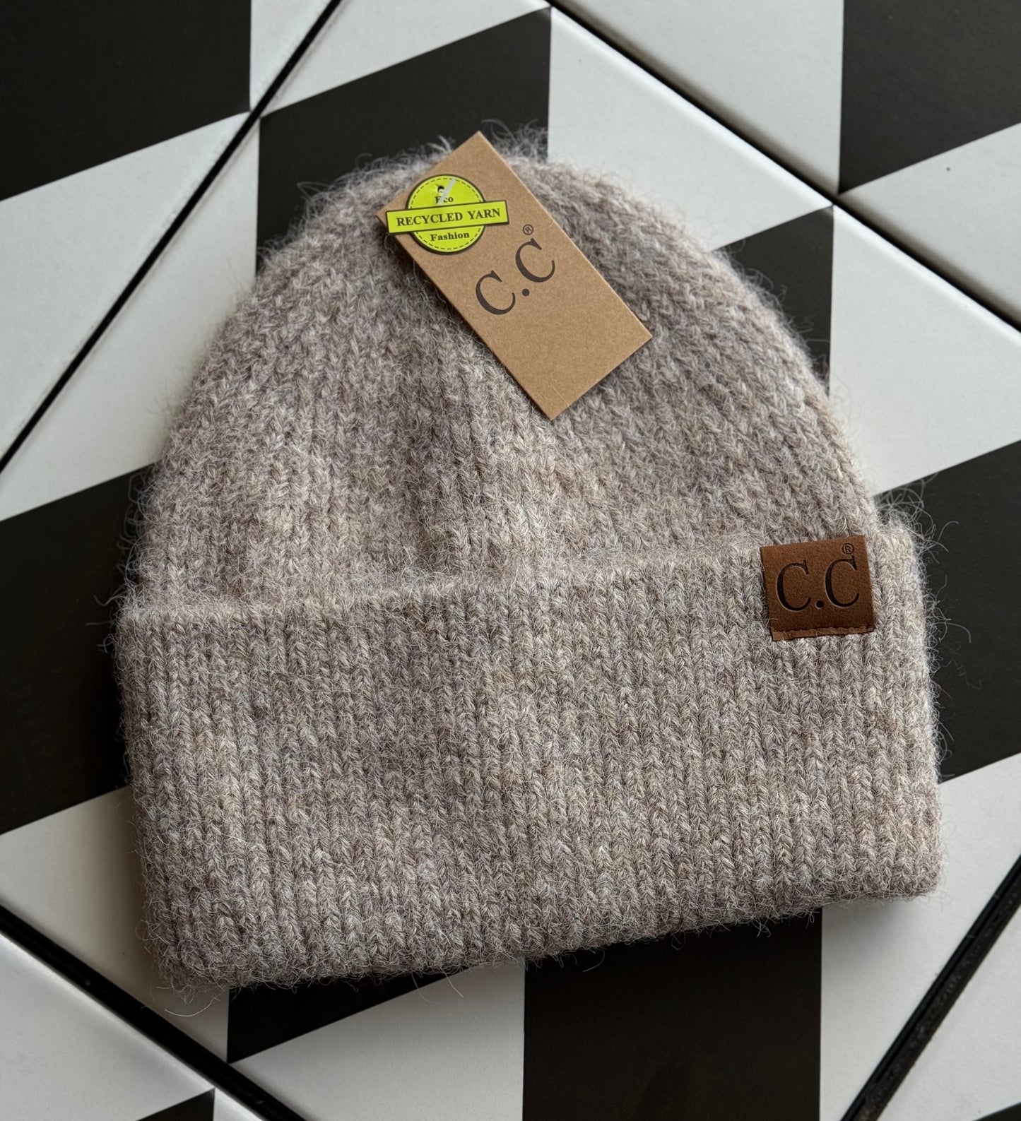Soft Feather Yarn Striped Cuff C. C. Beanie