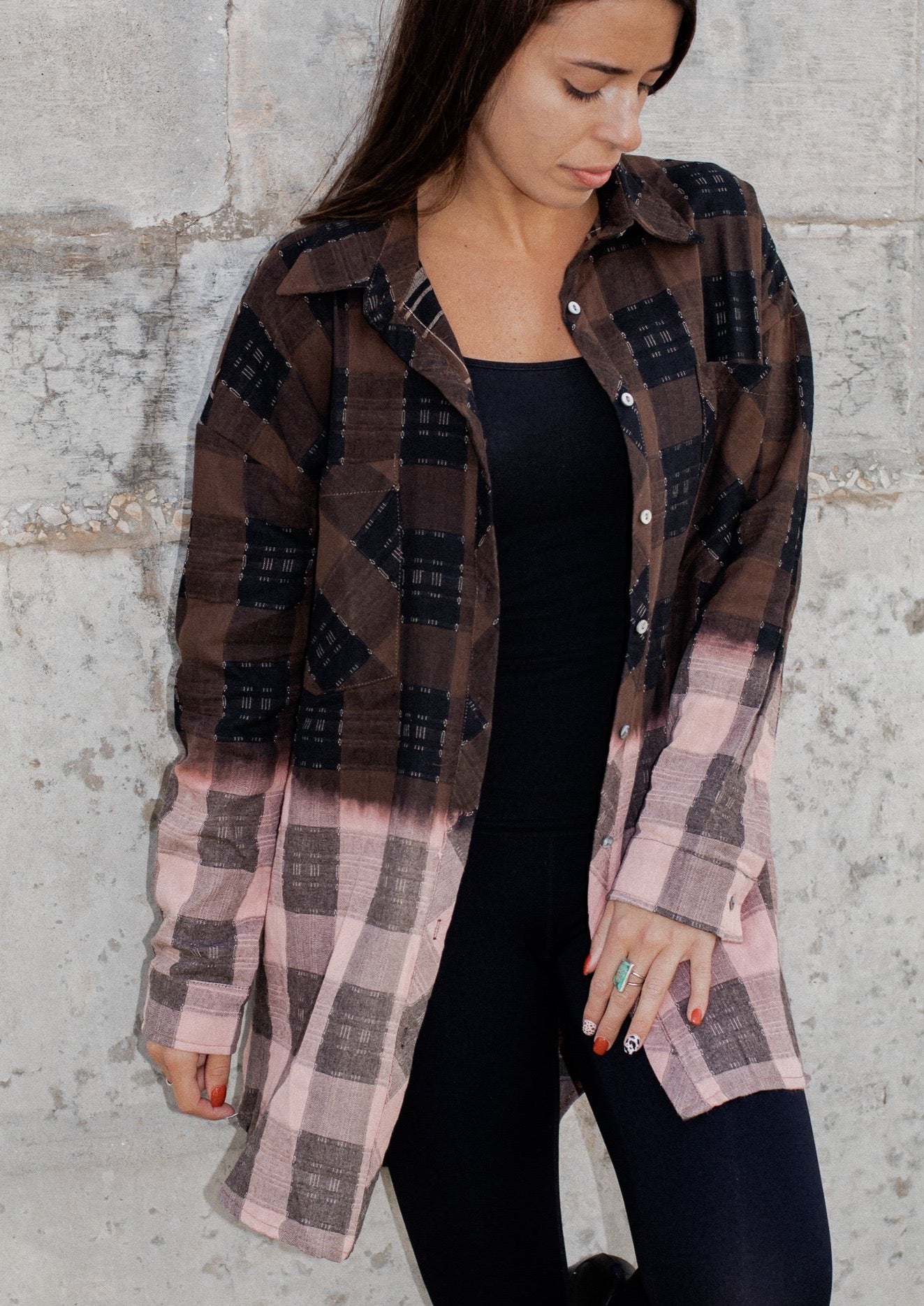 Fall For Me Extra Long Button Up *Pink/Brown*