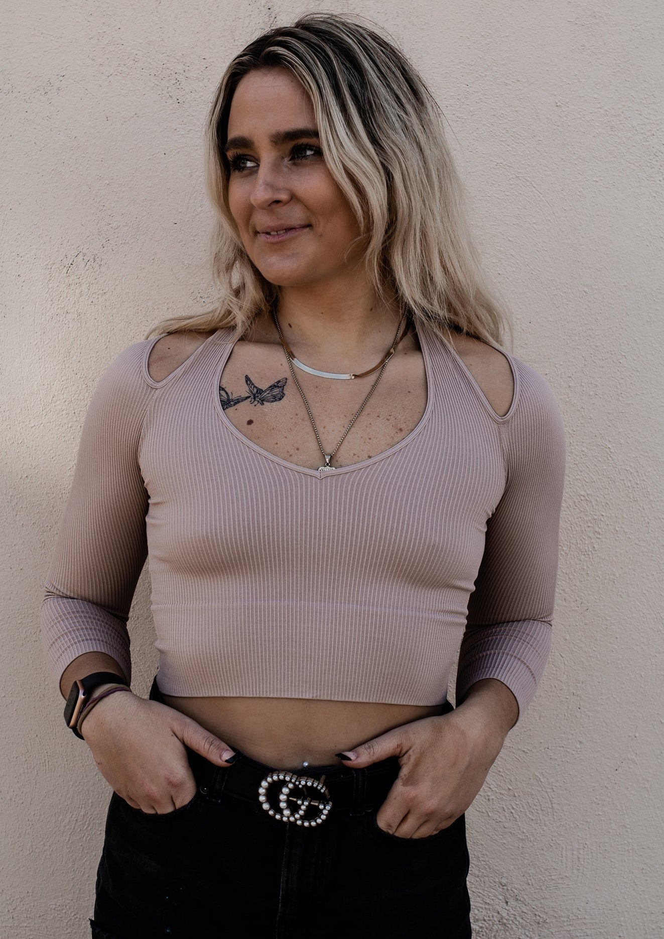 The Kenz 3/4 sleece Ribbed Halter Top