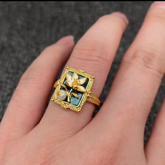 Vintage Oil Painting Style Flower Adjustable Ring