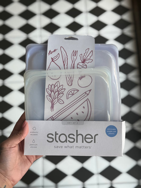 Stasher Set of 2 Sandwich Half Gallon - 1 Lavender Half Gallon, 1 Clear Snack