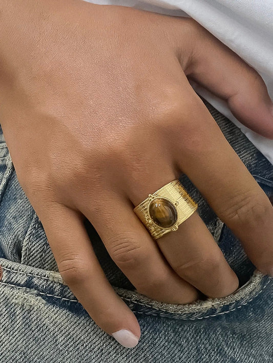 Oasis 18K Gold Non-Tarnish Stone Bold Adjustable Ring - * 2 Colors *