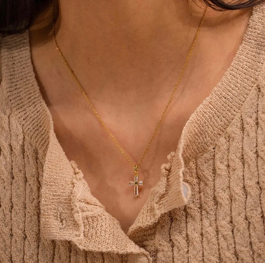Vintage Rhinestone Cross Necklace