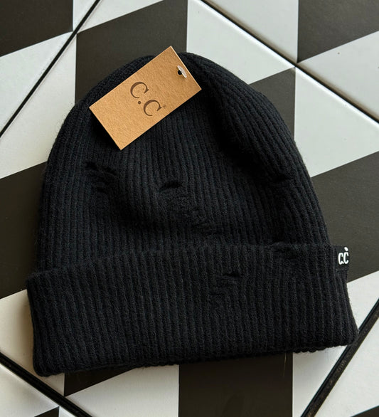 Distressed Black C. C. Beanie