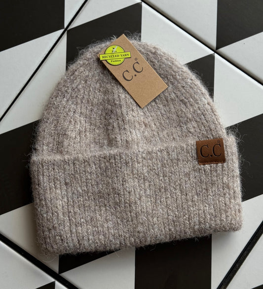 Soft Feather Yarn Striped Cuff C. C. Beanie
