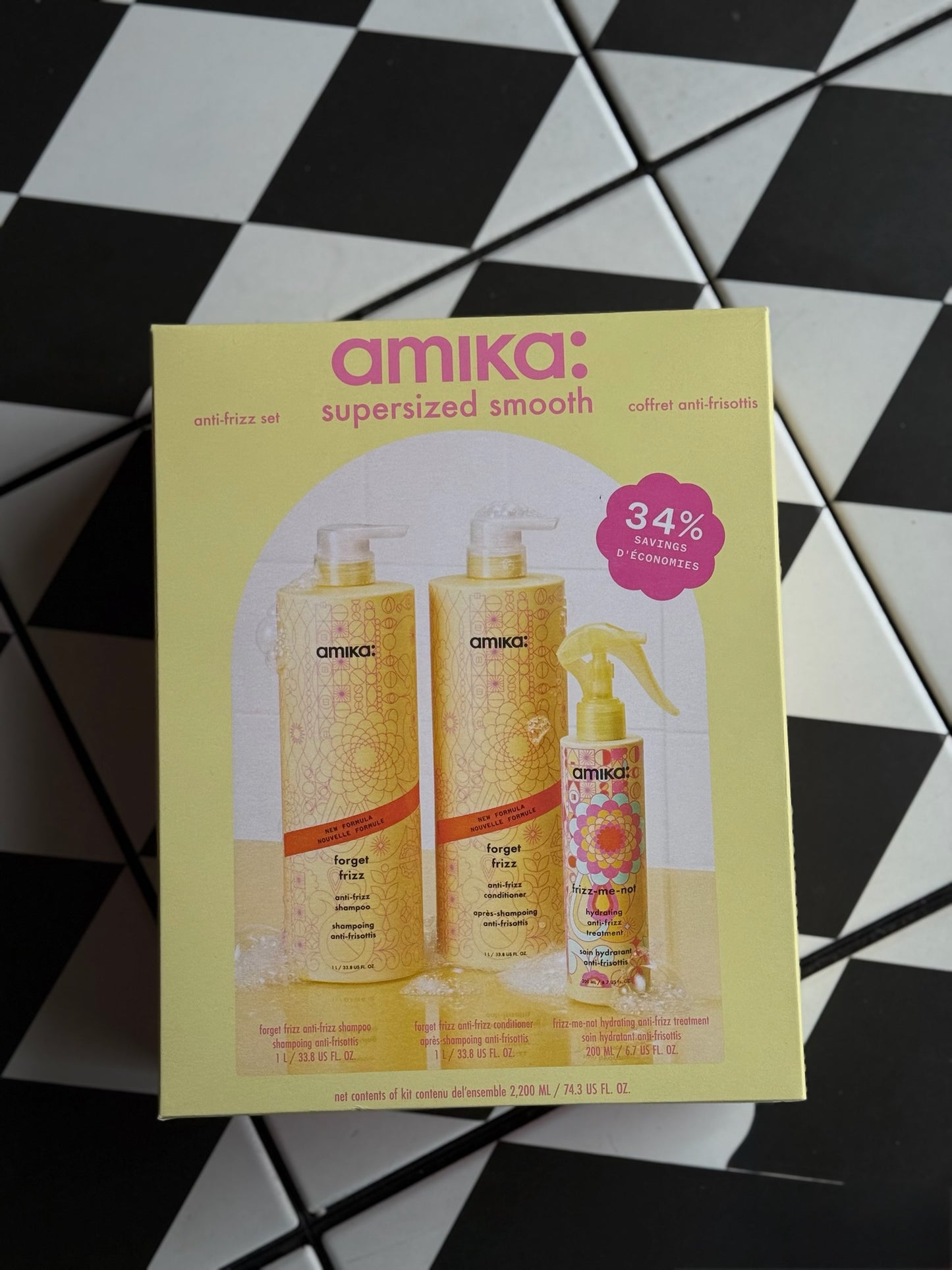amika super-sized frizz fighters set anti-frizz shampoo, conditioner + treatment