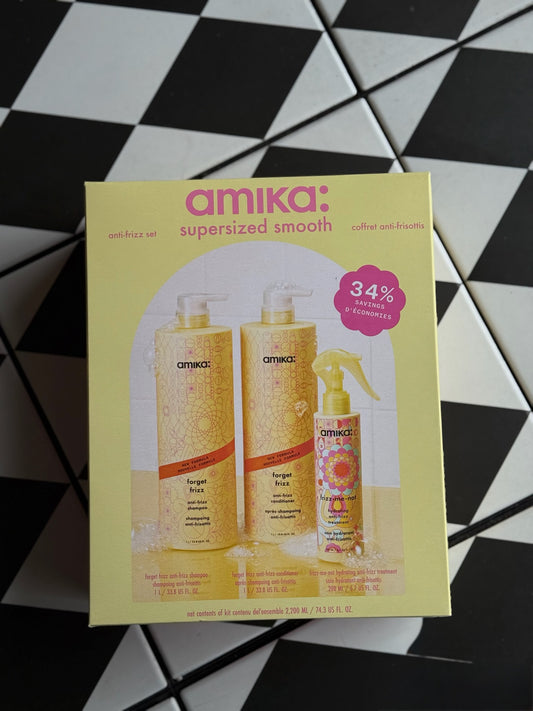 amika super-sized frizz fighters set anti-frizz shampoo, conditioner + treatment