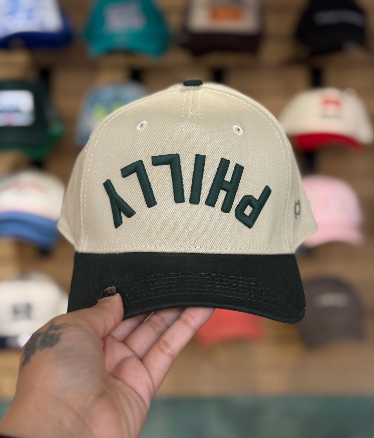 Upside Down Philly Khaki & Hunter Green Hat