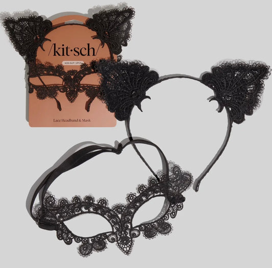 Kitsch Lace Headband & Mask 2pc Set - Black Cat