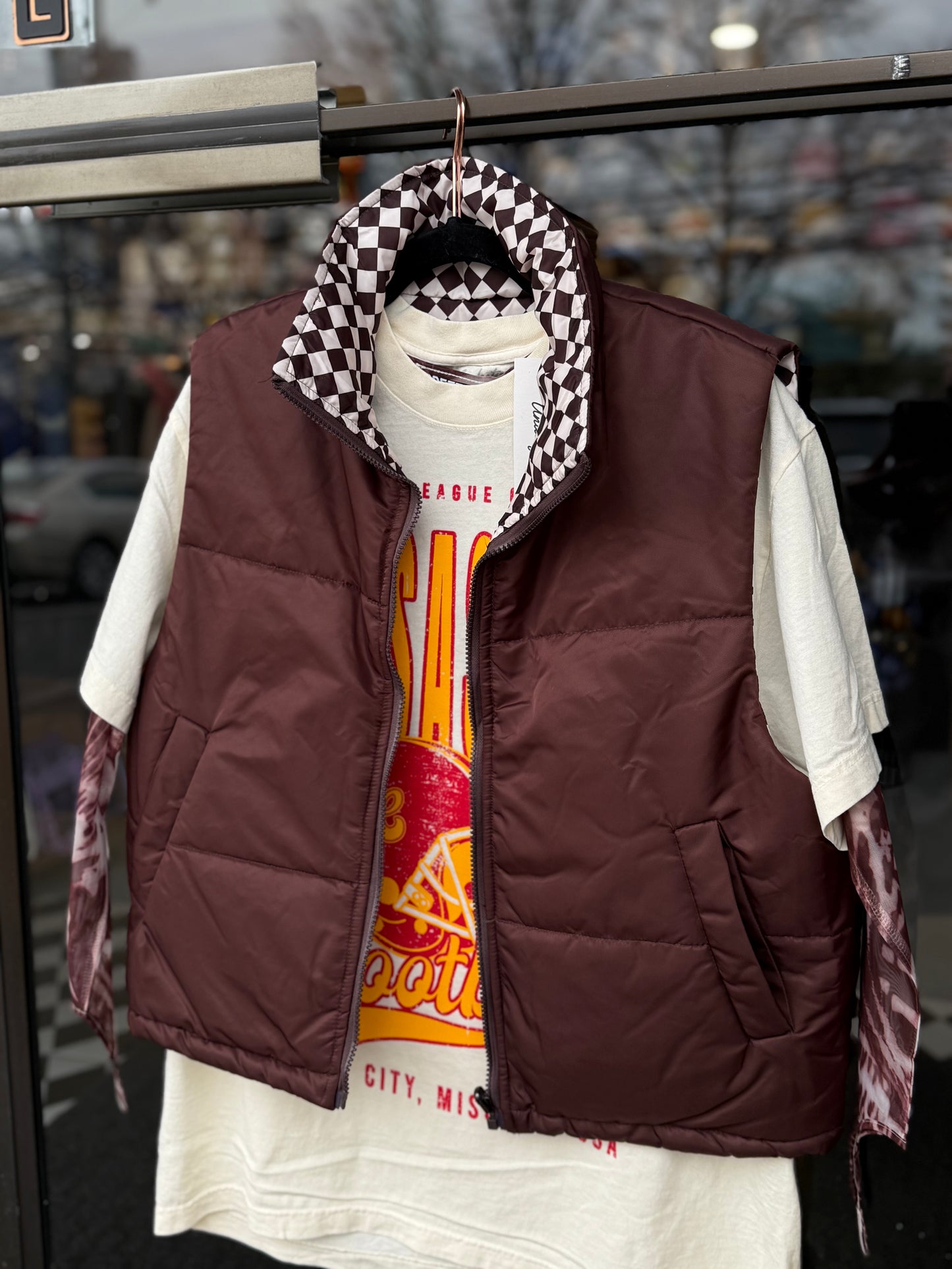 Reversible Checkered Brown Puffer Vest