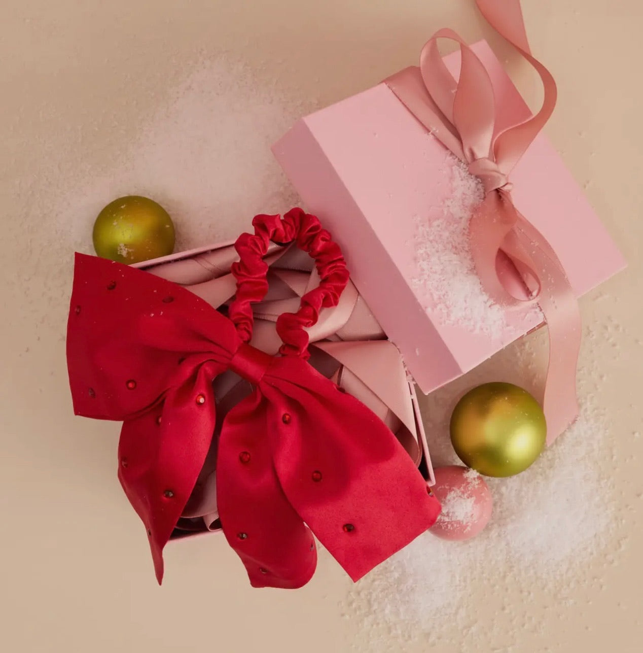 Kitsch Satin & Rhinestone Bow Scrunchie- Red