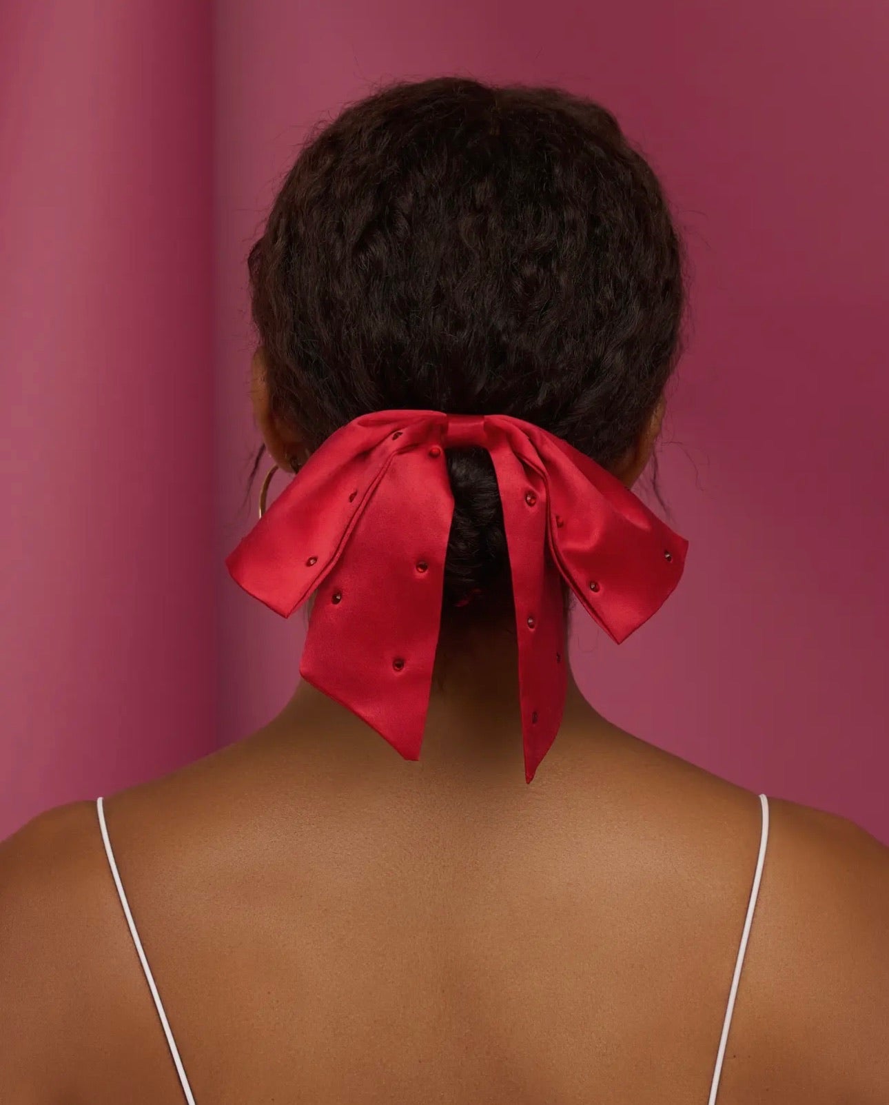 Kitsch Satin & Rhinestone Bow Scrunchie- Red