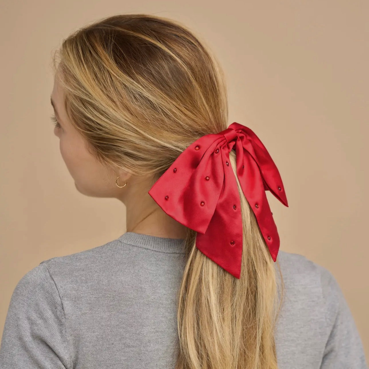 Kitsch Satin & Rhinestone Bow Scrunchie- Red
