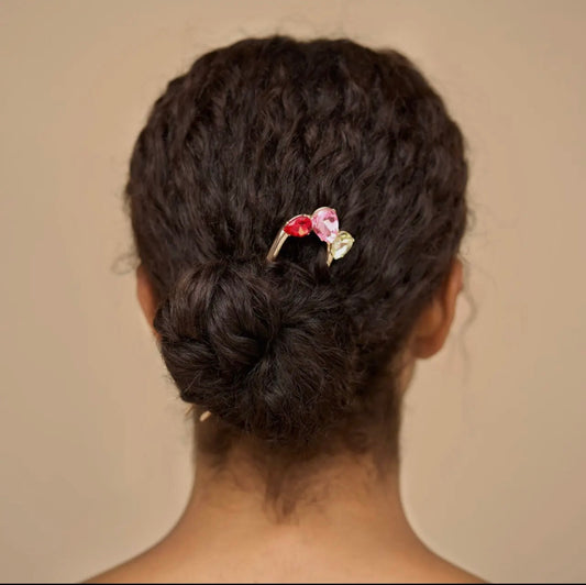 Kitsch Metal Gemstone French Hair Pin - Red, Pink, & Green