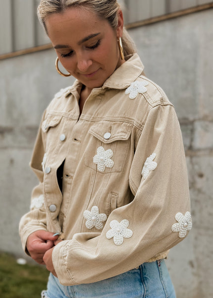 Daisy Baby Denim Embellished Crop Jacket *Tan*