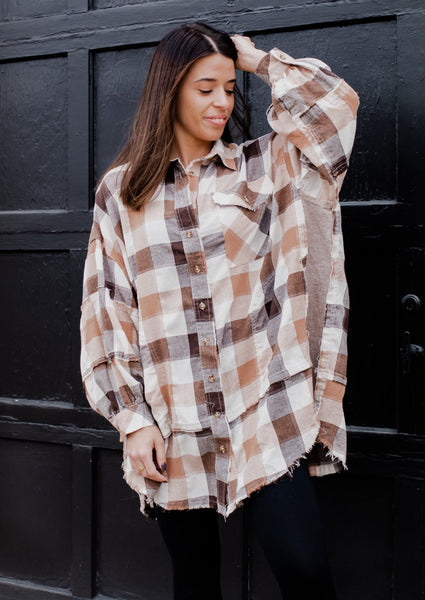 The All Star Oversized Plaid Button Up Tee/Dress *Coral/Brown*