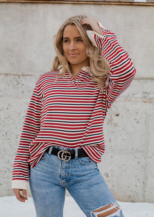 The Grungy Cool Chick Striped Long Sleeve - Red & White